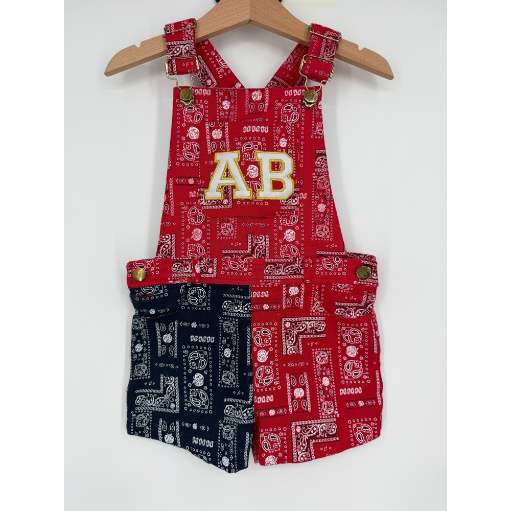 Apple Bottoms Kids Red Navy Bandana‎ Print Colorblock Shortalls Overalls Sz 3T
